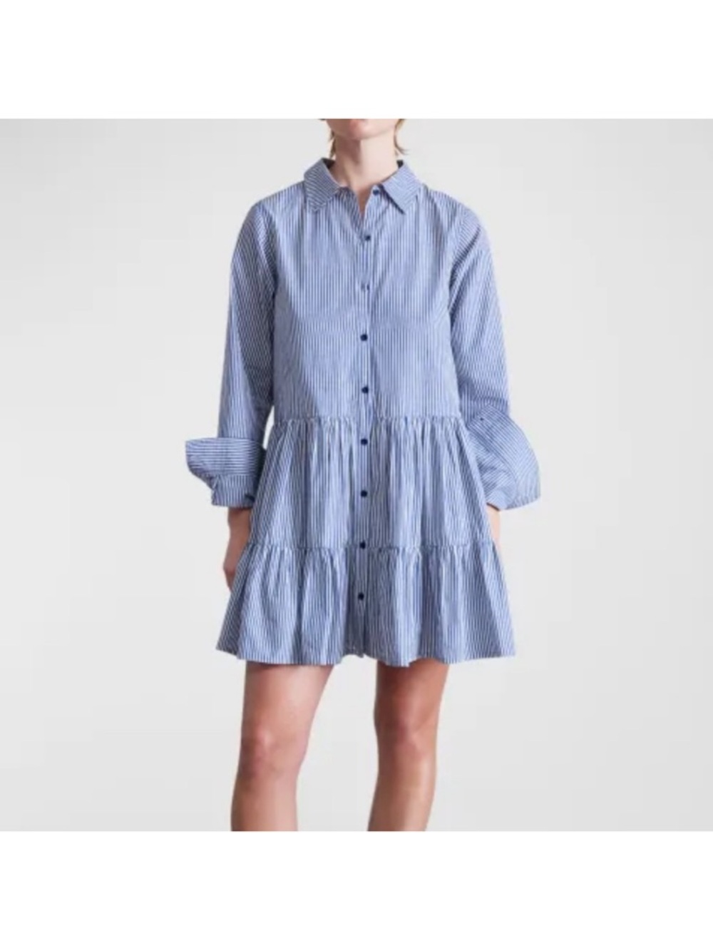 Apiece Apart Anna Striped Tiered Mini Shirtdress Blue White Organic Cotton Sz L